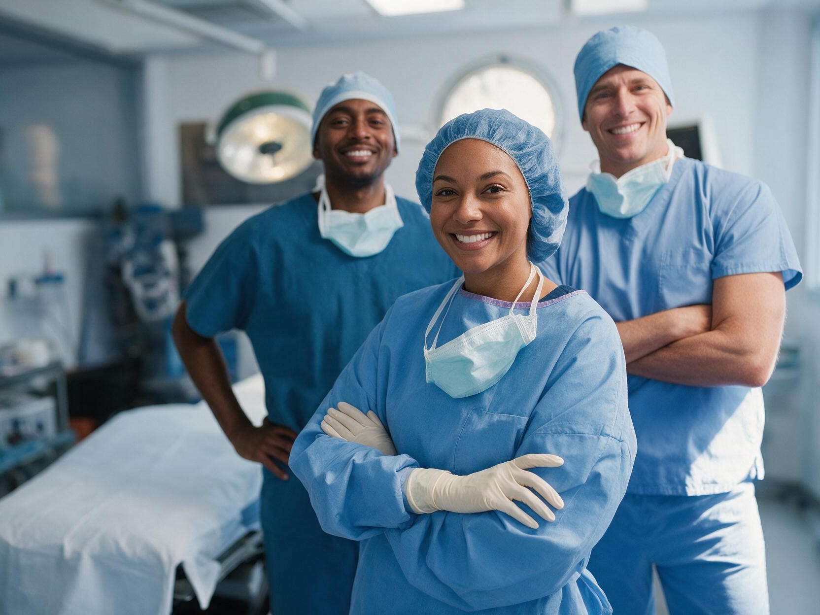 Three anaesthetic practitioners in theatre scrubs