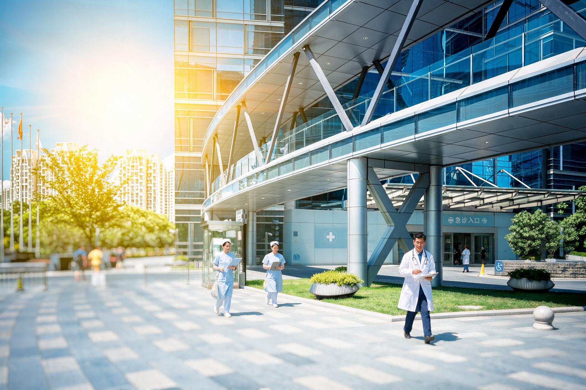 Hospital entrance with staff walking outside