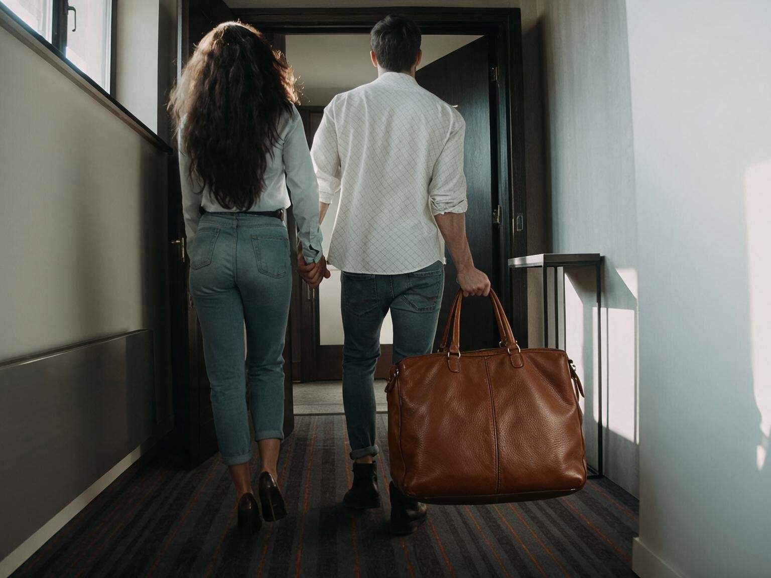 Couple walking down a corridor carrying a bag